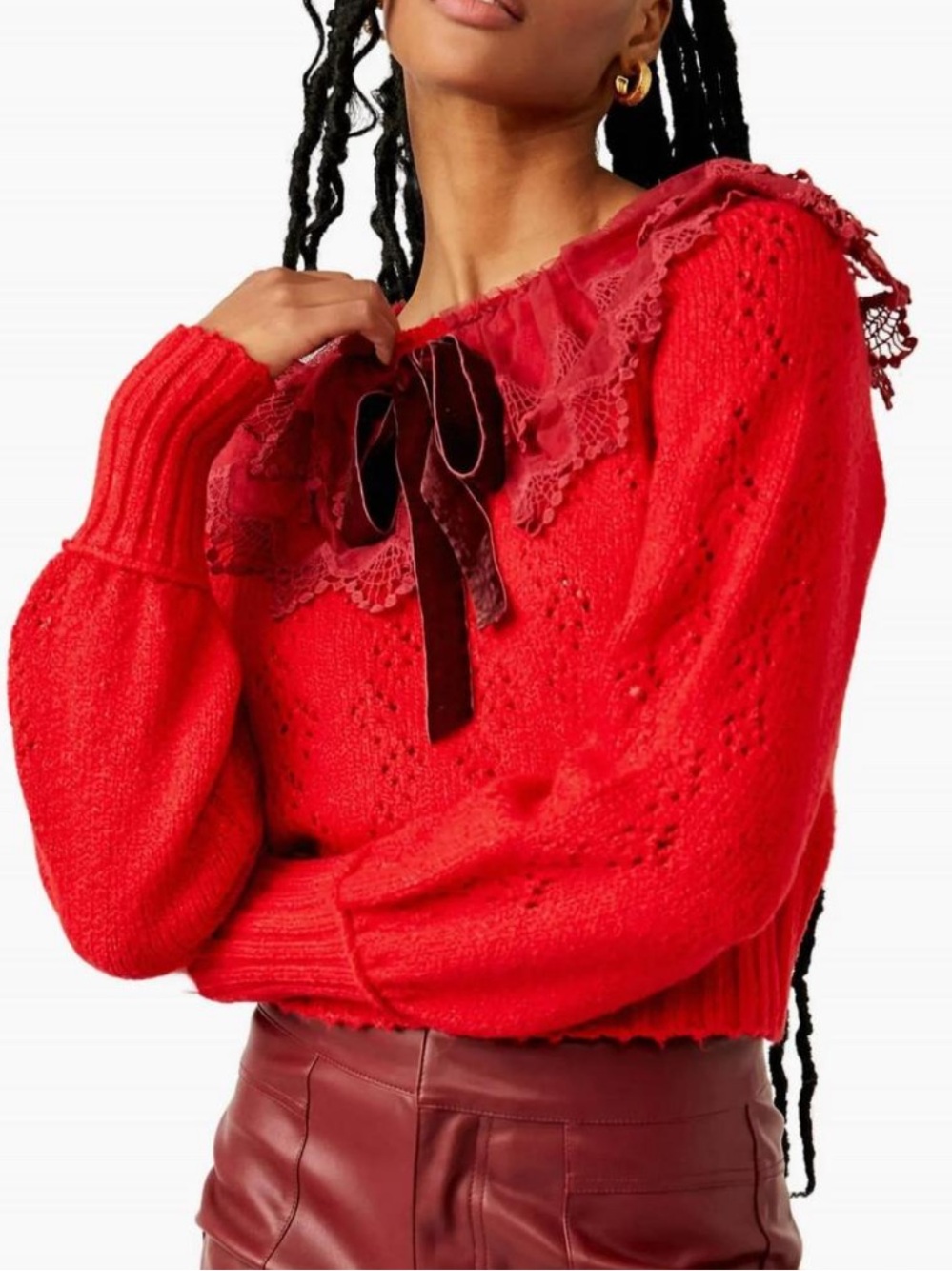 FREE PEOPLE hold me closer sweater in red garnet combo